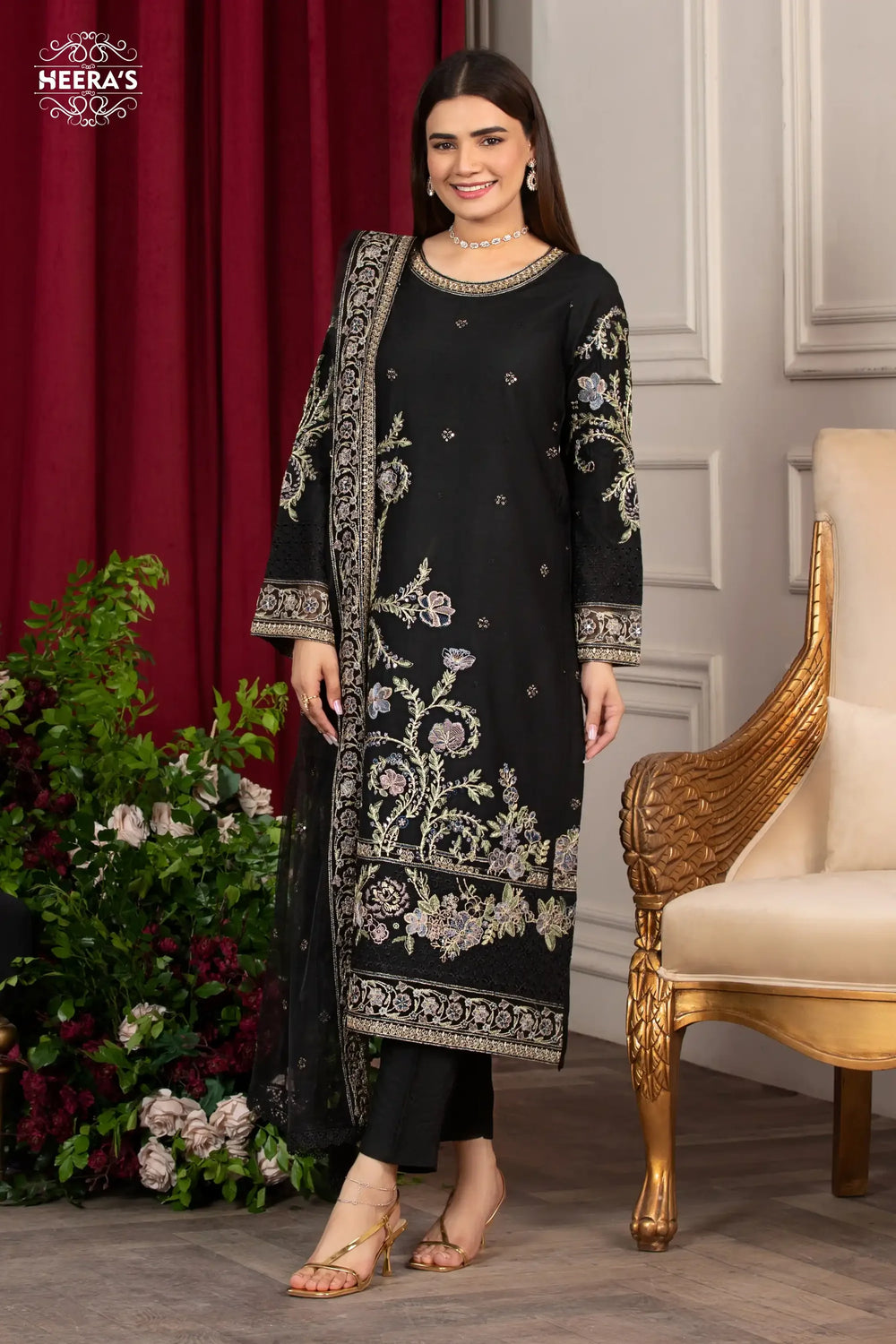 Black Pearl-3Pcs Embroidered | Black KH
