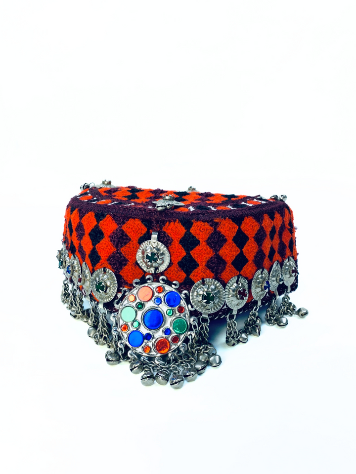 Tribal Afghan cap with hanging chains, stones, and embroidery  Vavaa UK exclusive