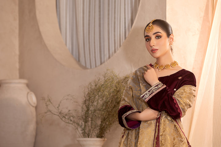 maroon colored stitched velvet kameez shalwar women’s winter party dress at Vavaa outlet in UK.