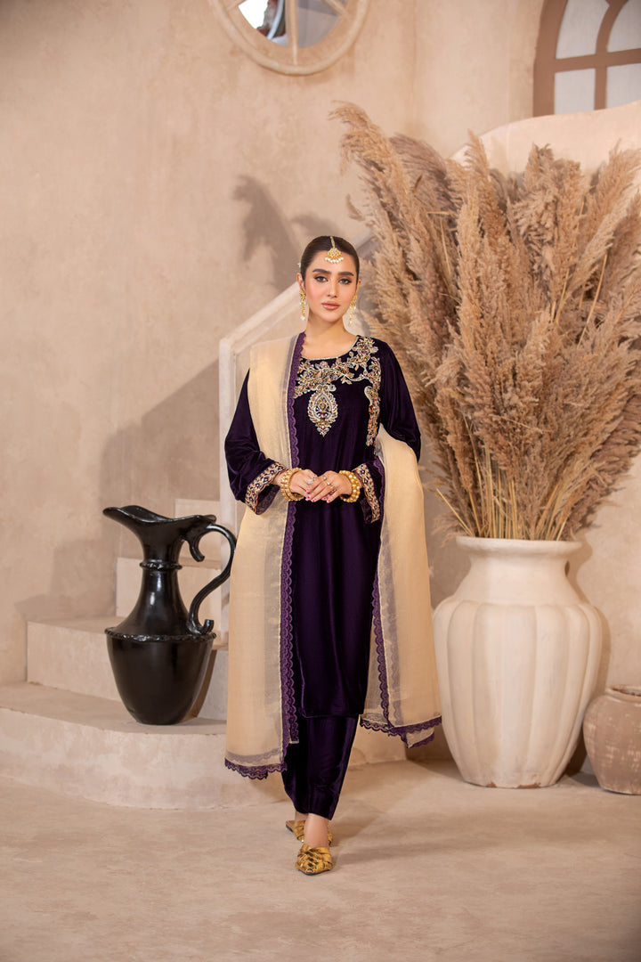 Luxury embroidered winter dress in purple and beige kameez shalwar style shop near me at Vavaa outlet in UK.