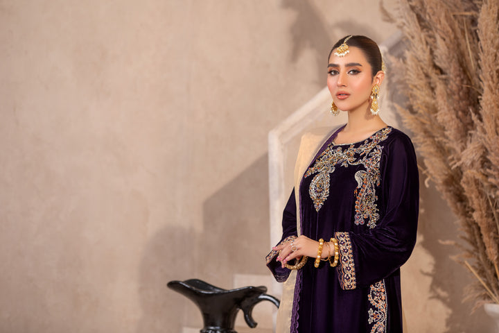 Elegant purple and beige embroidered dress for women shop discounted stitched suits near me.