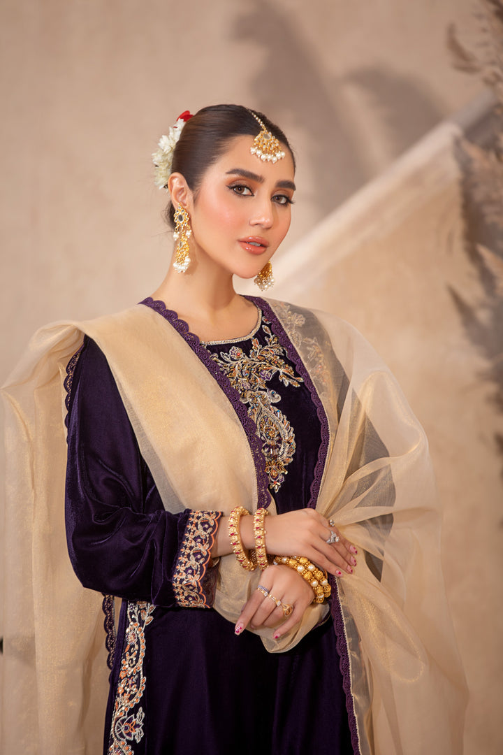 Luxury embroidered winter dress in purple and beige kameez shalwar style  shop near me at Vavaa outlet in UK.