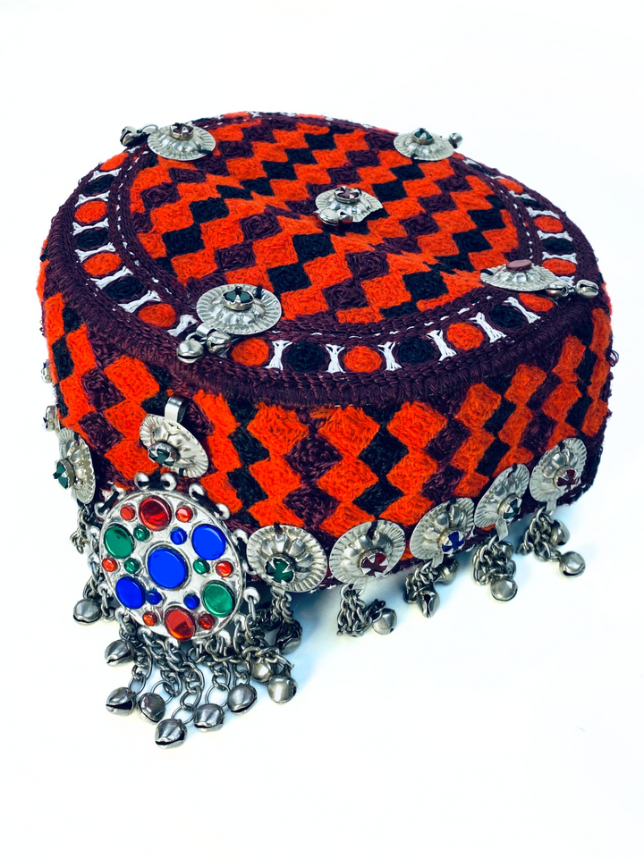 Traditional Afghan tribal cap with stones, coins, and bright colors  Vavaa London store