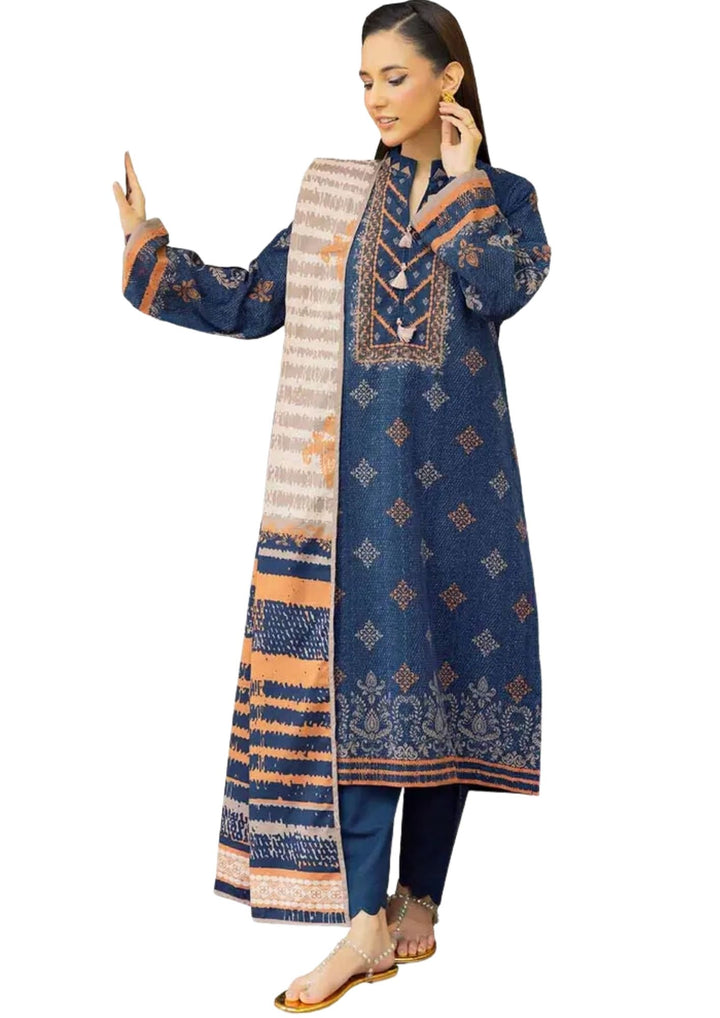 stitched blue and orange printed khaddar suit near me with dupatta, shirt, and trousers available near me.