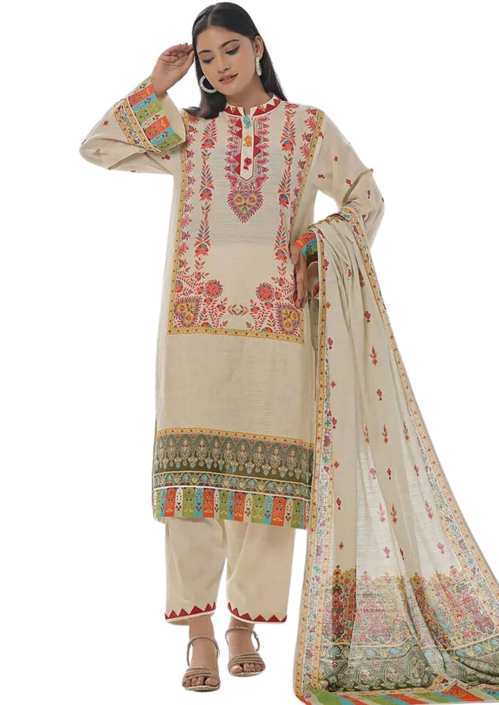 cream color 3 piece printed khaddar suit near me with multicolor floral and geometric designs available near me.