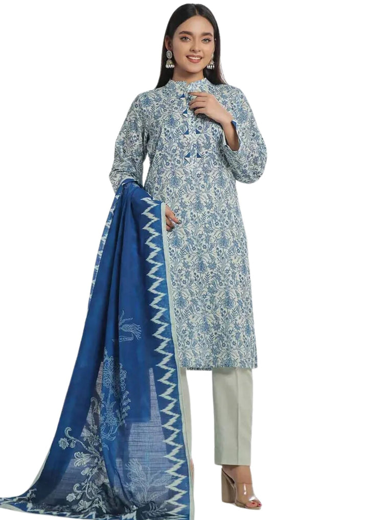 Ready to wear blue khaddar suit near me with geometric design available at discounted price in UK.
