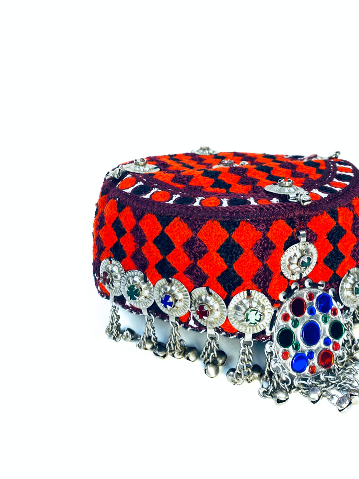 Handmade Kuchi hat from Afghanistan with rich embroidery and silver coins  UK seller