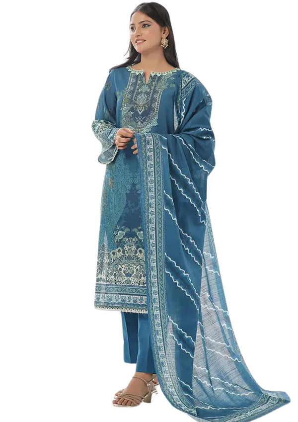 Blue printed 3-piece khaddar suit near me for women winter ready Pakistani outfit available at Vavaa outlet in UK.