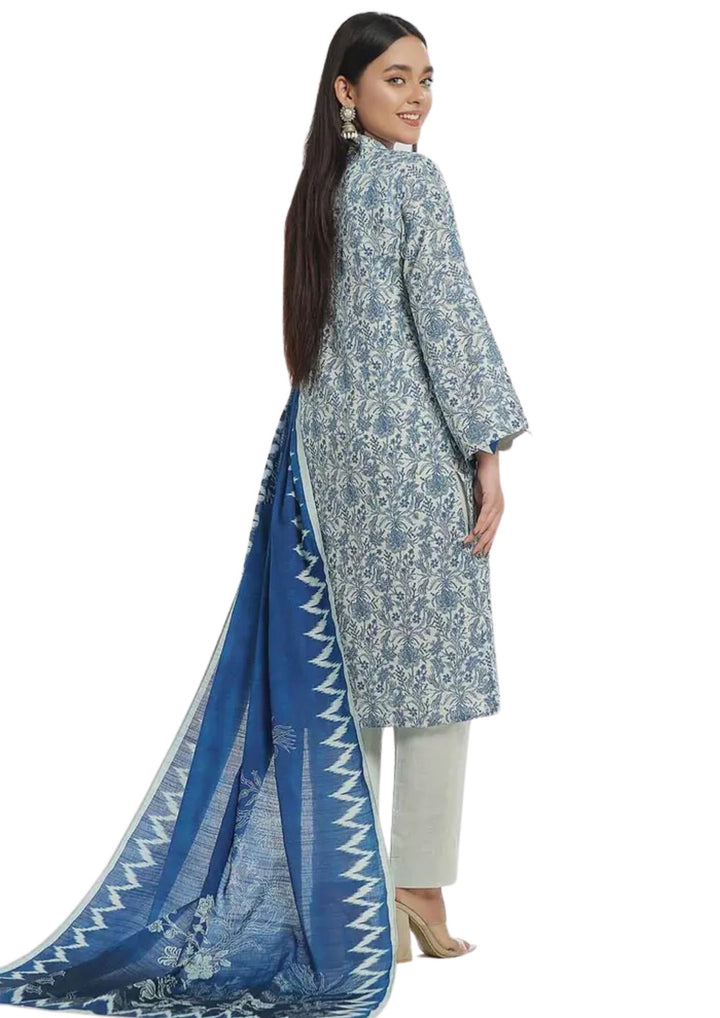 Printed blue khaddar outfit with white patterns buy 3-piece suits near me at Vavaa UK.