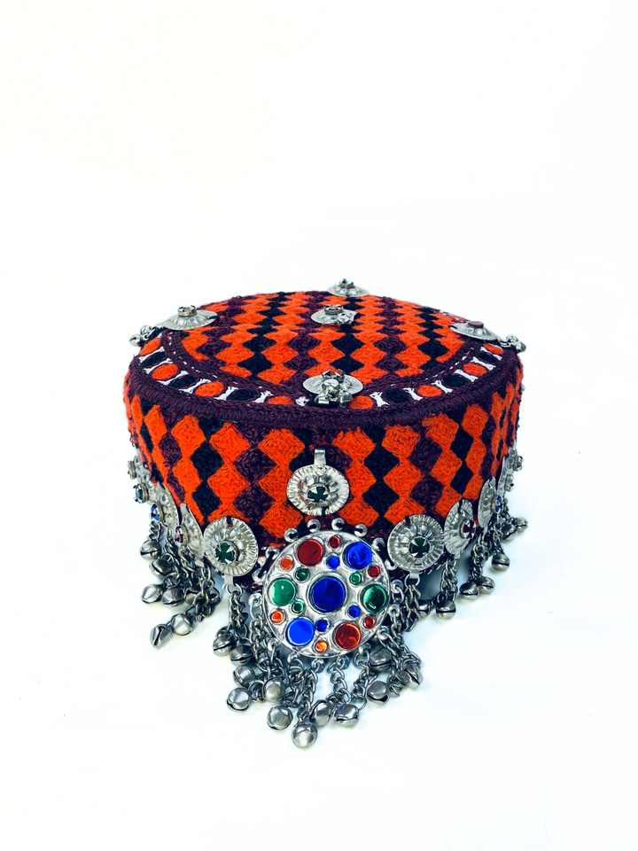 Afghan Kuchi Cap with colorful embroidery and antique coins handmade by Vavaa UK