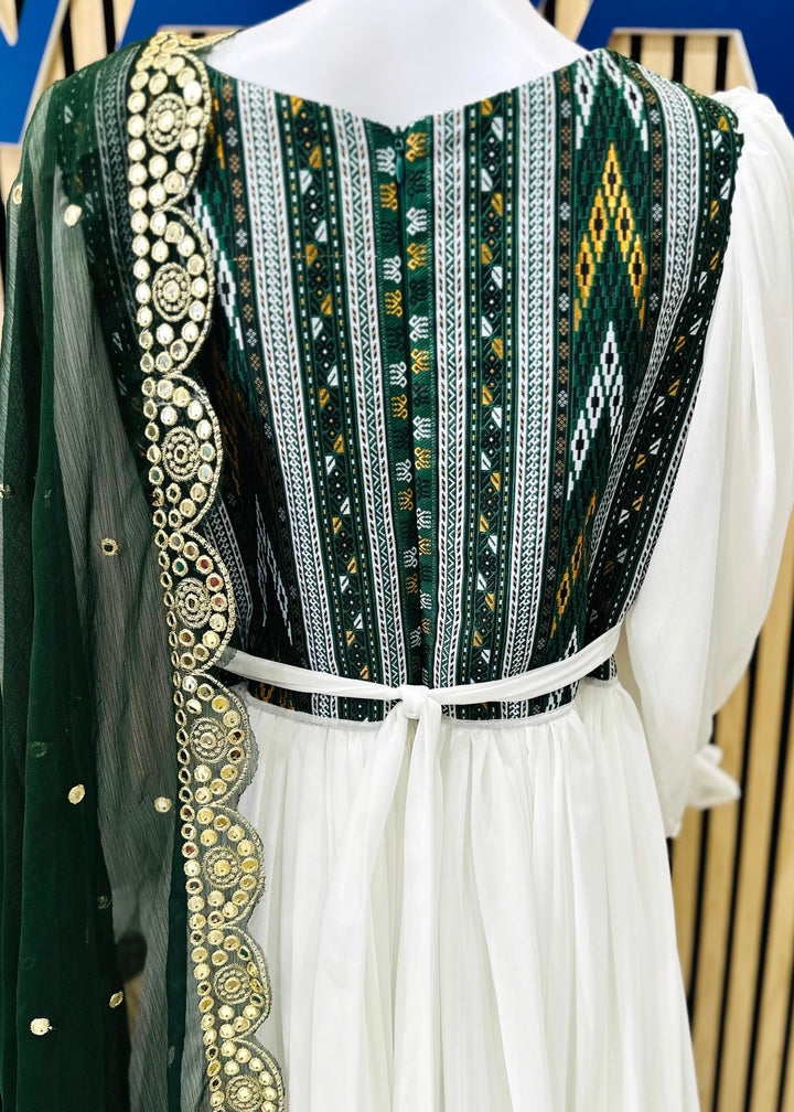 Women’s traditional dress with white and green dupatta by Vavaa near me