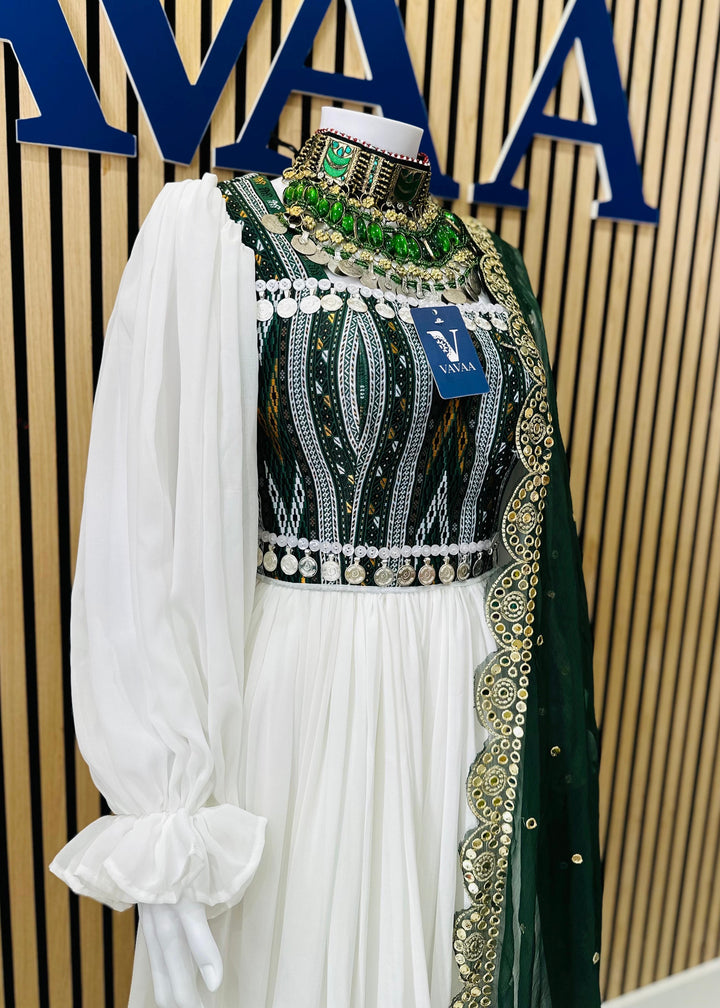 Women’s traditional dress with white and green dupatta by Vavaa near me