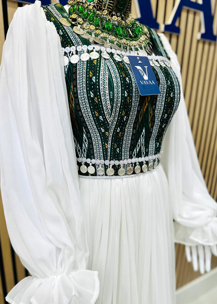 Elegant women’s traditional outfit with white and green dupatta by Vavaa near me