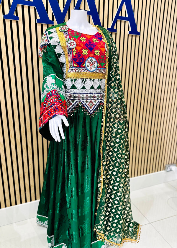 Afghan Kuchi Dress | Green with Colorful Embroidery