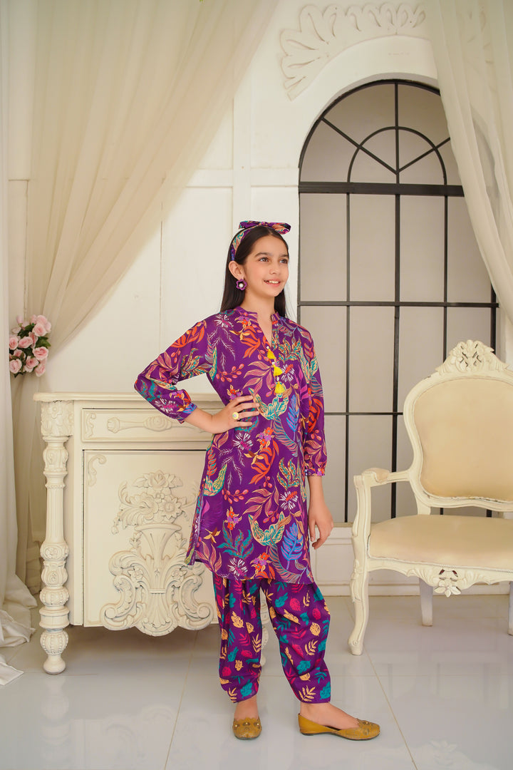 Digital printed purple lawn dress in UK trendy 2 pc Swiss lawn suit for casual and festive wear near you.