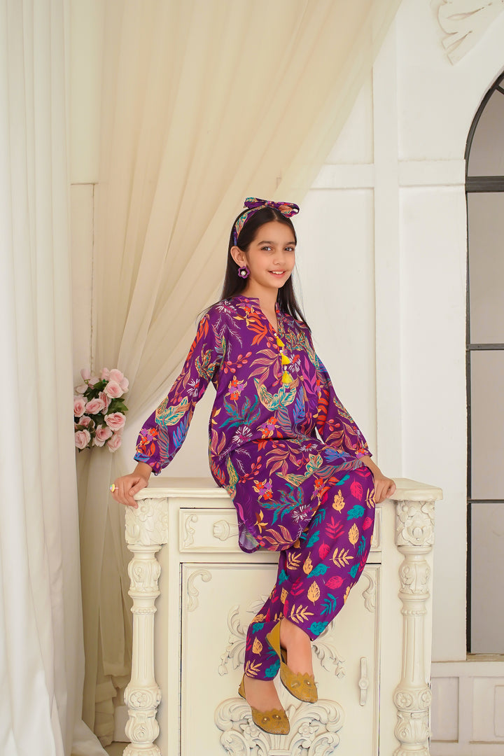 Elegant 2 piece Swiss lawn suit with digital print in purple shop now from Vavaa outlet in UK.