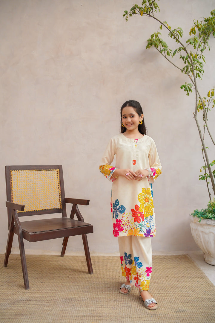 Beige Digital Printed Swiss Lawn 2-piece suit for girls aged 7 to 18, now at Vavaa outlet in UK. A modest yet modern option for anyone looking for festive wear or discounted near me