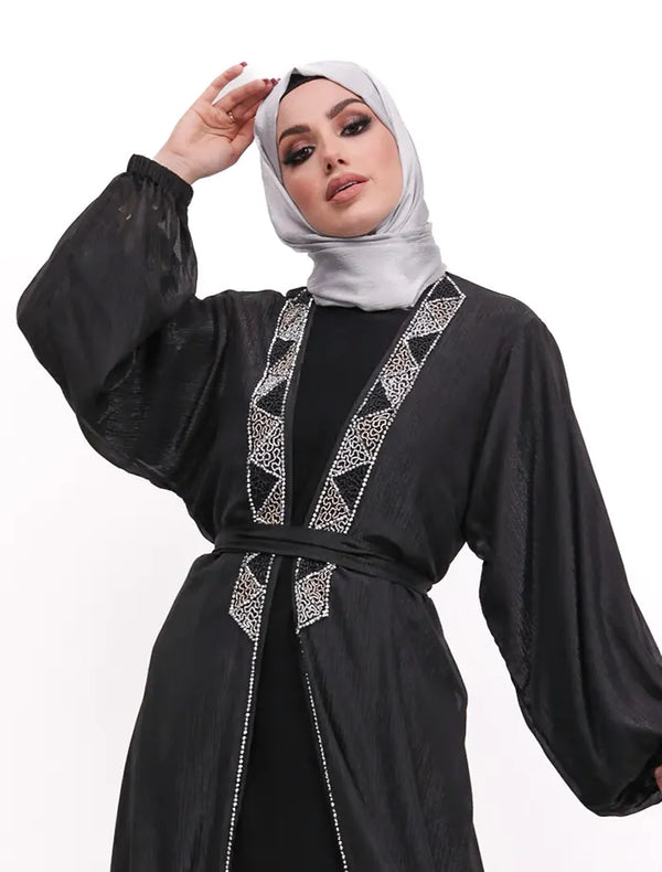 Elegant black abaya dress for women from the Aztec Organza collection – a modest and stylish abaya perfect for everyday wear.