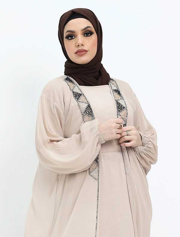 Elegant ivory abaya dress for women from the Aztec Organza collection – a modest and stylish abaya perfect for everyday wear