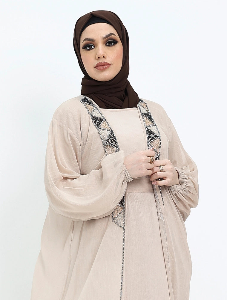 Elegant ivory abaya dress for women from the Aztec Organza collection – a modest and stylish abaya perfect for everyday wear