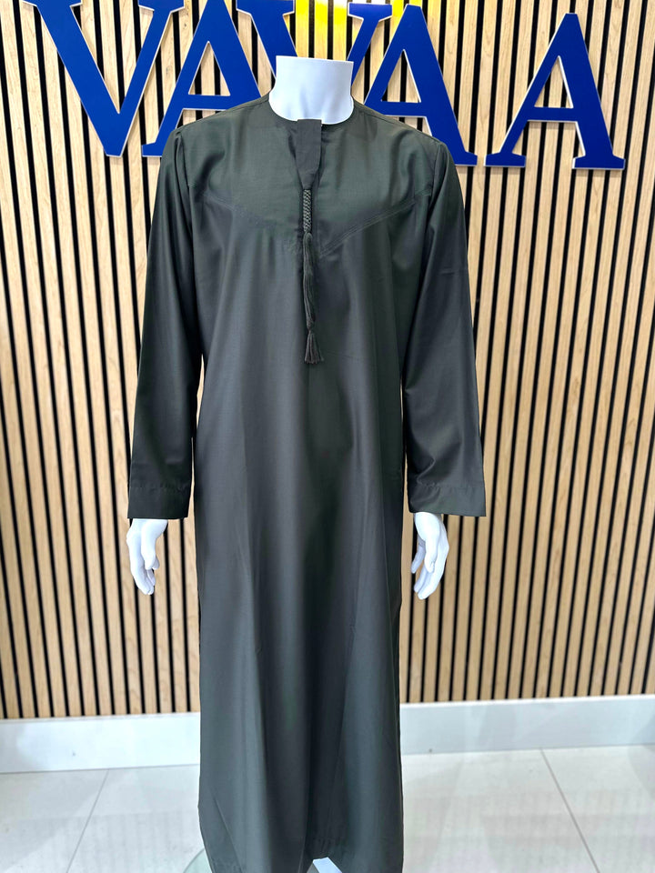 Men’s Gulf Arab thobe  dark green Emirati design with signature details

