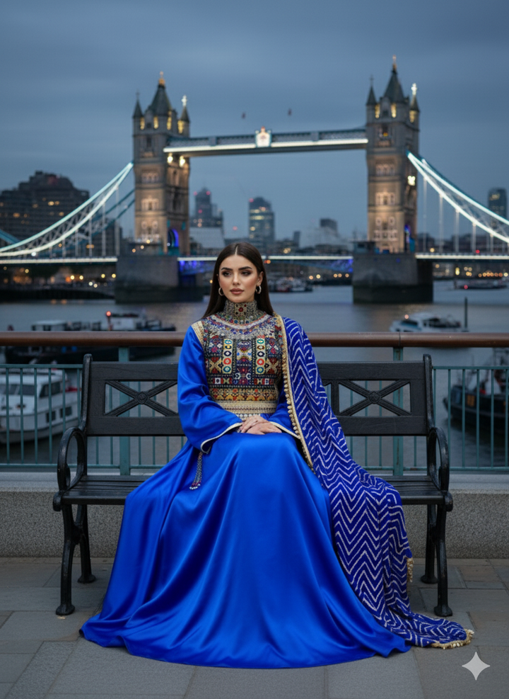 Woman in a blue afghani traditional dress with intricate patterns sitting on a bench in front of Tower Bridge at night.