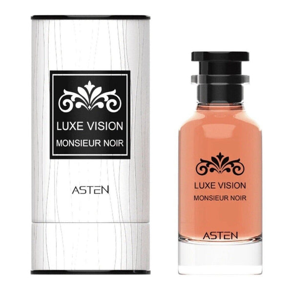 Perfume bottle and packaging of Luxe Vision Monsieur Noir by Asten on a white background