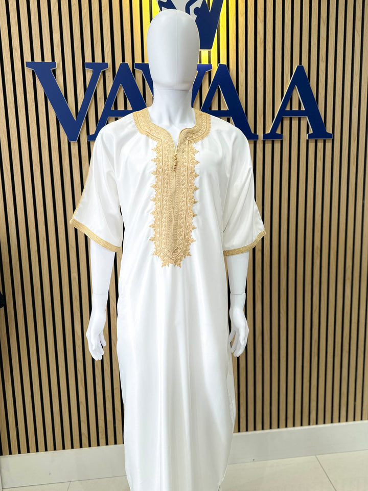 White Moroccan style thobe for men, gold embroidery, Muslim outfit near me for Eid celebrations – Vavaa UK Outlet