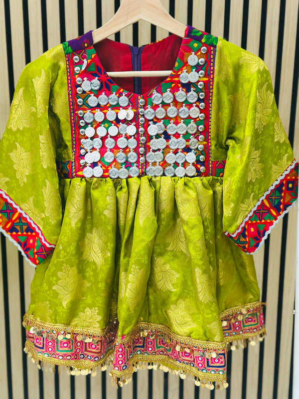 Green Afghani traditional dress for girls with mirror work and colourful embroidery – Kuchi style UK