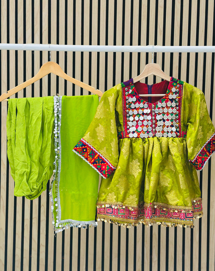 Cultural Afghan green dress for girls with coins and mirror work – festival outfit