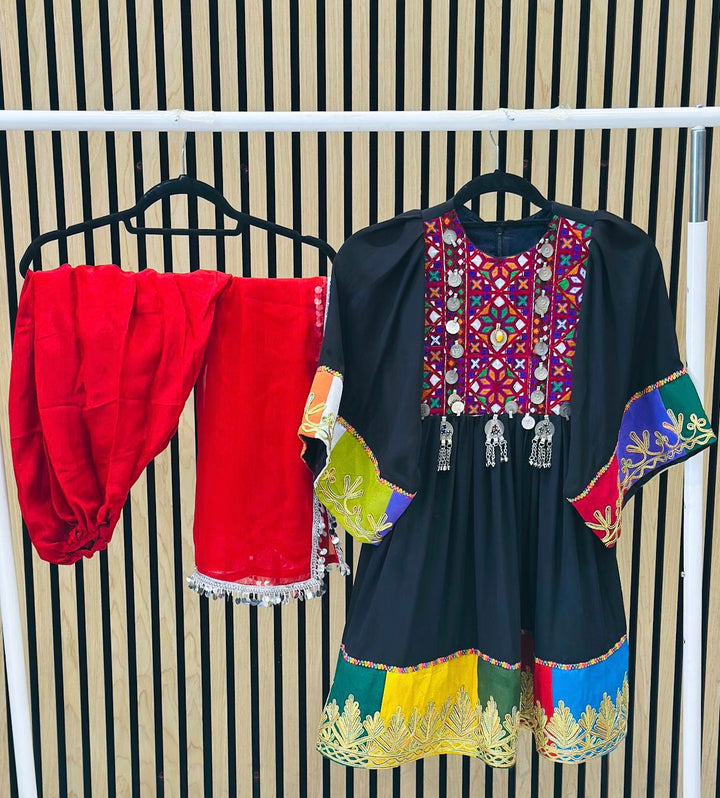 Afghani handmade 3 piece black dress with colourful embroidery and traditional design motifs

