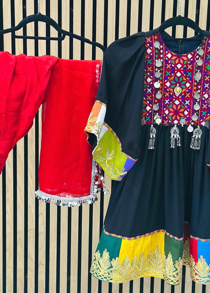 Traditional Afghan Kuchi dress for girls in black – handcrafted cultural clothing UK

