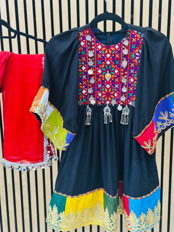 Cultural Afghan dress for girls in black festival and wedding outfit with mirror accents

