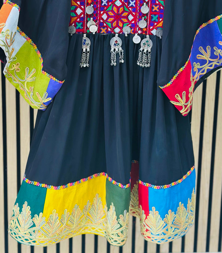 Cultural Afghan dress for girls in black  festival and wedding outfit with mirror accents