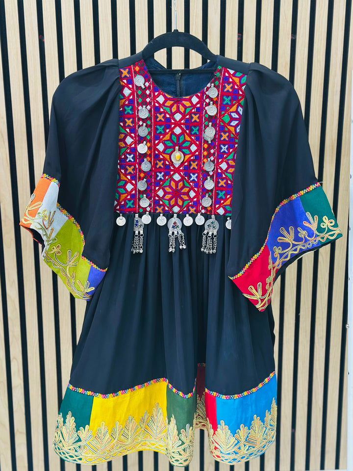 Black Afghani traditional dress for girls with mirror work and hand embroidery  Kuchi style outfit UK
