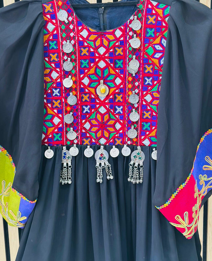 Handmade black Afghani dress for girls  traditional Afghan clothing with authentic embroidery