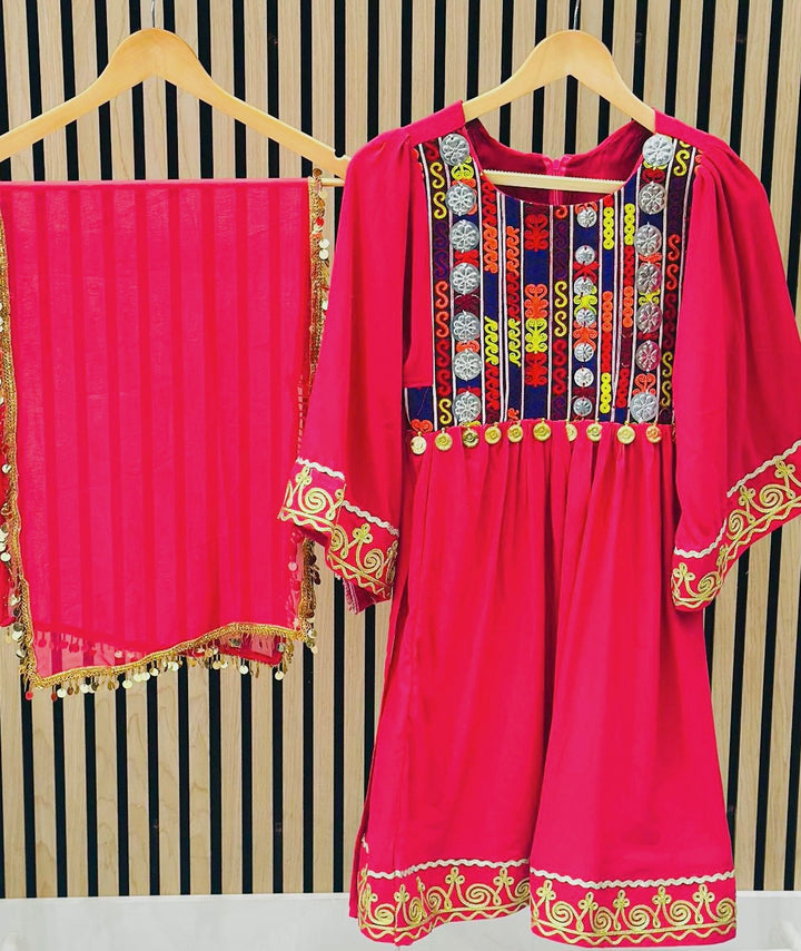 Kuchi-style Afghan dress for girls in pink – handmade ethnic Afghan clothing UK