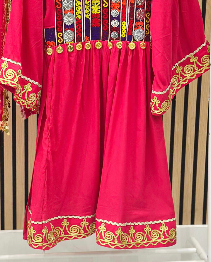Ethnic Afghan dress for girls in pink with vibrant embroidery and mirror accents