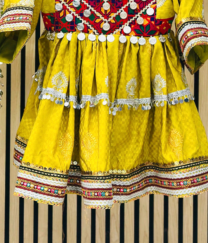 Handmade Afghan dress for girls in yellow with coin embellishments

