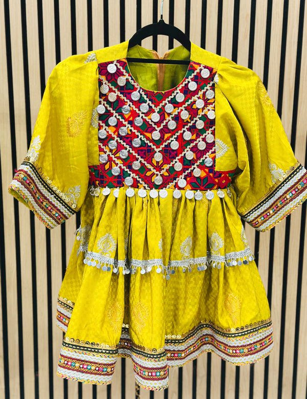 Afghani traditional dress for girls in yellow with hand embroidery