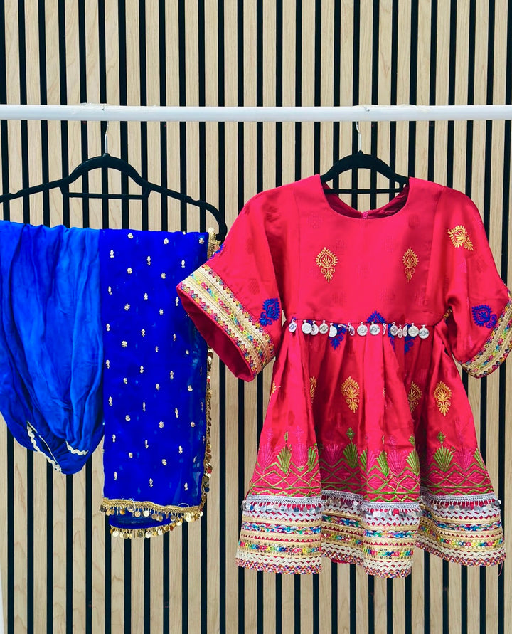 Afghan girls complete cultural dress pink and royal blue design with beadwork