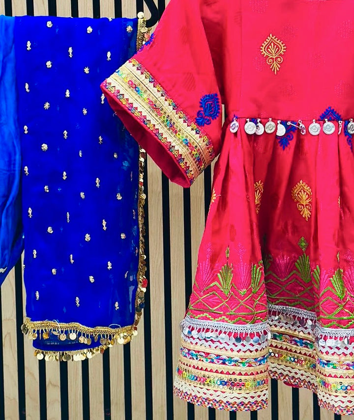 Cultural Afghan dress for girls  royal blue and pink festival outfit