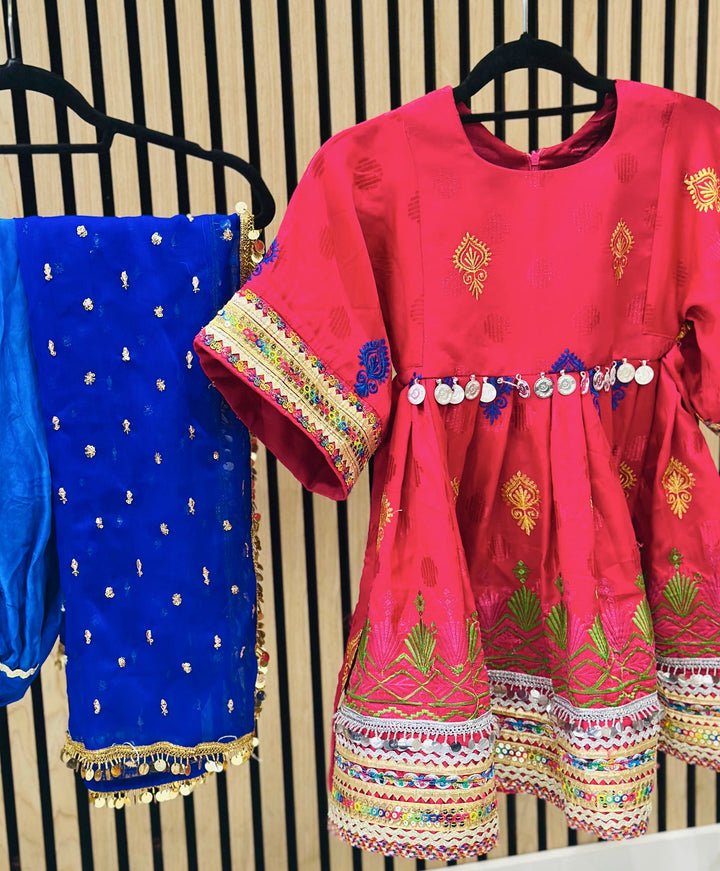 Afghani 3 piece traditional dress for girls in pink and royal blue with embroidery