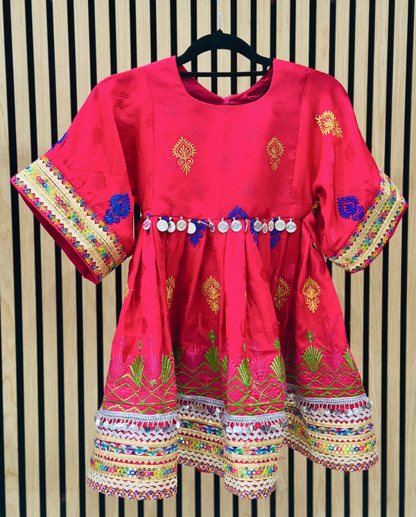 Afghani traditional dress for girls in pink and royal blue with embroidery

