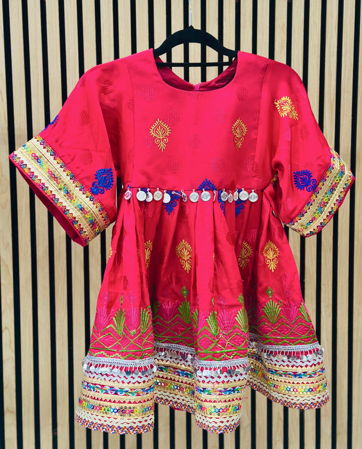 Afghani traditional dress for girls in pink and royal blue with embroidery

