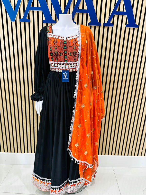 Afghan Kuchi Dress | Black with Orange Embroidery