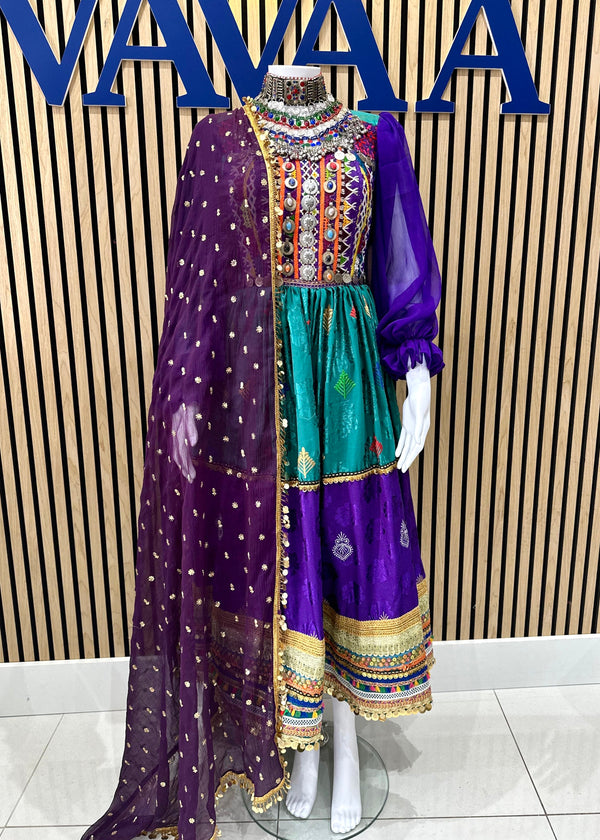 Afghan Kuchi Dress | Embroidered Purple and Green