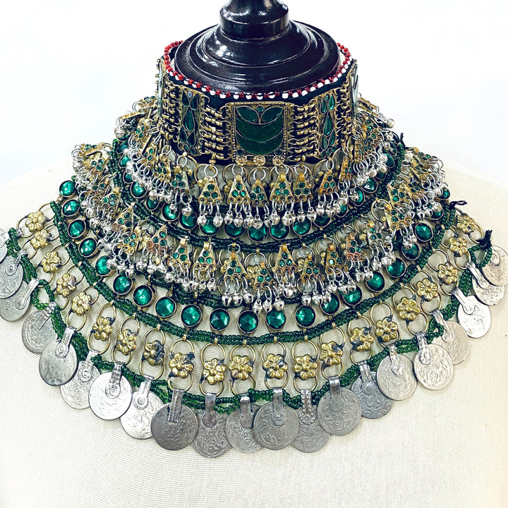 Traditional Afghan jewellery for UK buyers vintage Kuchi necklace with green gems and cultural design