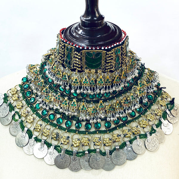 Vintage Afghan traditional Kuchi jewellery with gold and green gemstones handcrafted artisan piece