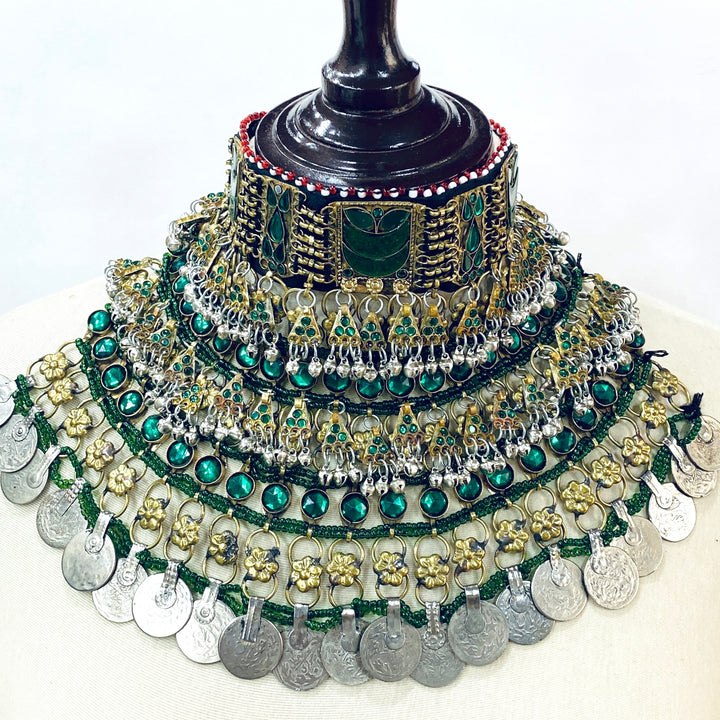 Vintage Afghan traditional Kuchi jewellery with gold and green gemstones handcrafted artisan piece